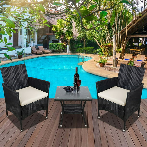 Rattan Bistro Set Rattan Wicker Chairs Sets Outdoor Wicker Rattan Chairs and Table 3 PCS Rattan Patio Furniture Hq Outdoor Rocking Chairs Set-2 Brown Chairs with Glass Coffee Table Brown Cushion 
